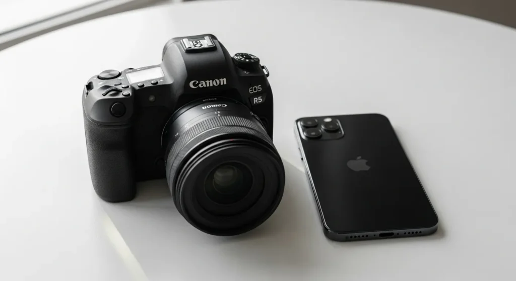 DSLR camera next to iPhone 17 Pro Max