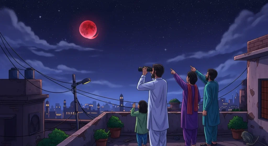 Illustration of Pakistanis watching the 2025 Blood Moon eclipse with binoculars.