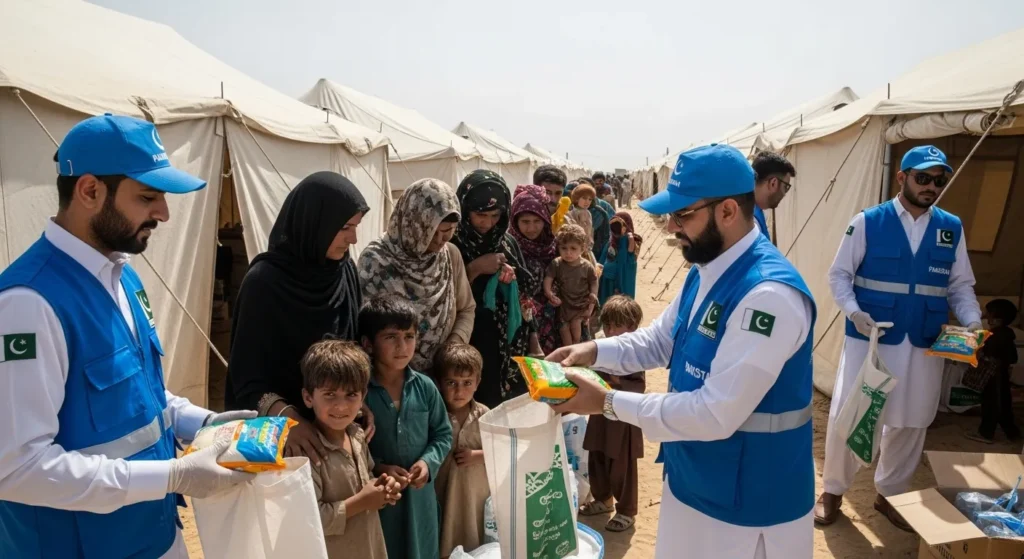 Volunteers handing out supplies in Alipur camp