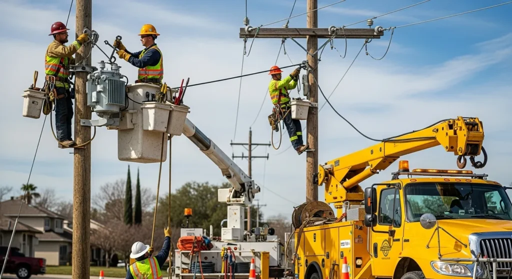 Workers repairing power lines for IESCO maintenance