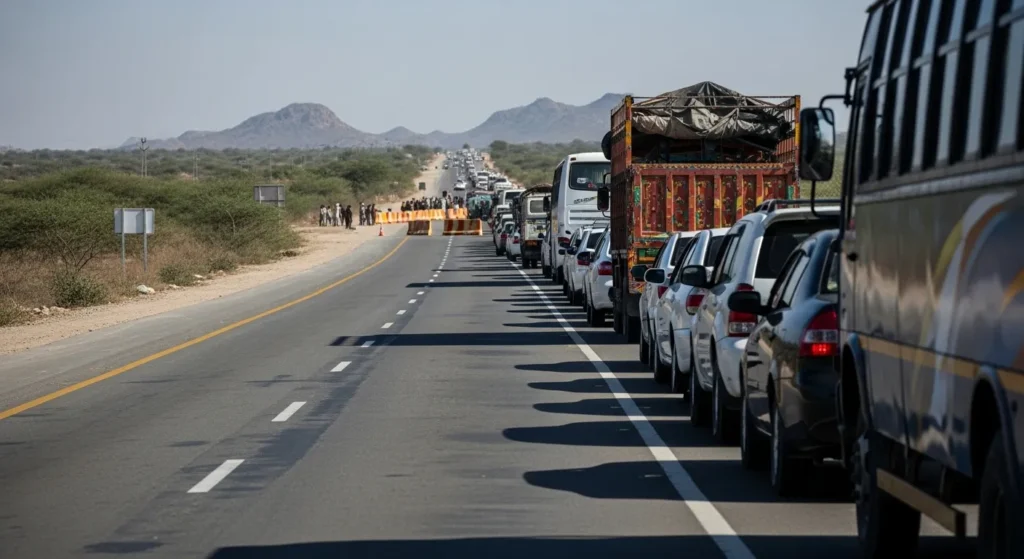 Vehicles queued due to N-5 road closure near Ghotki