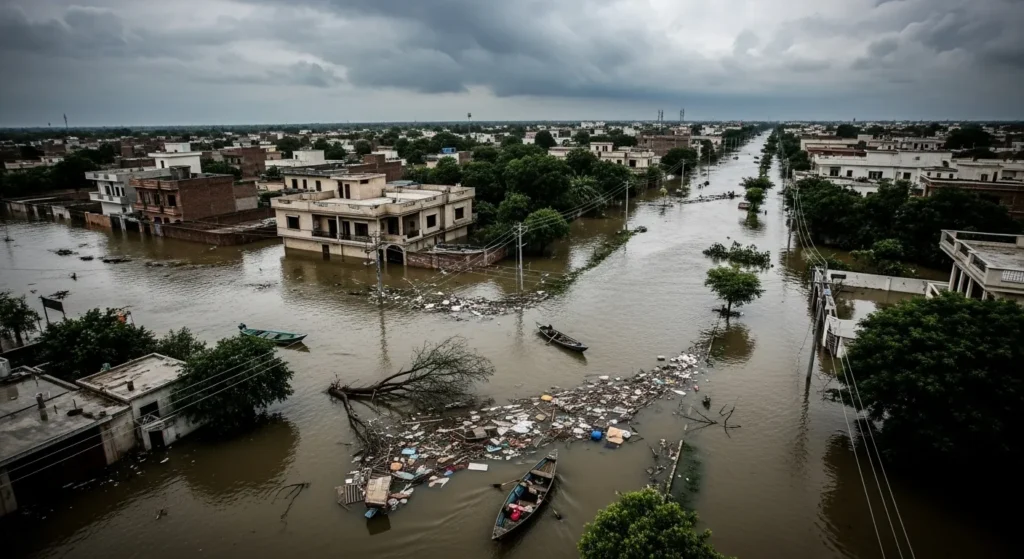 Aerial view of flooded streets in Punjab, Pakistan, September 2025.
