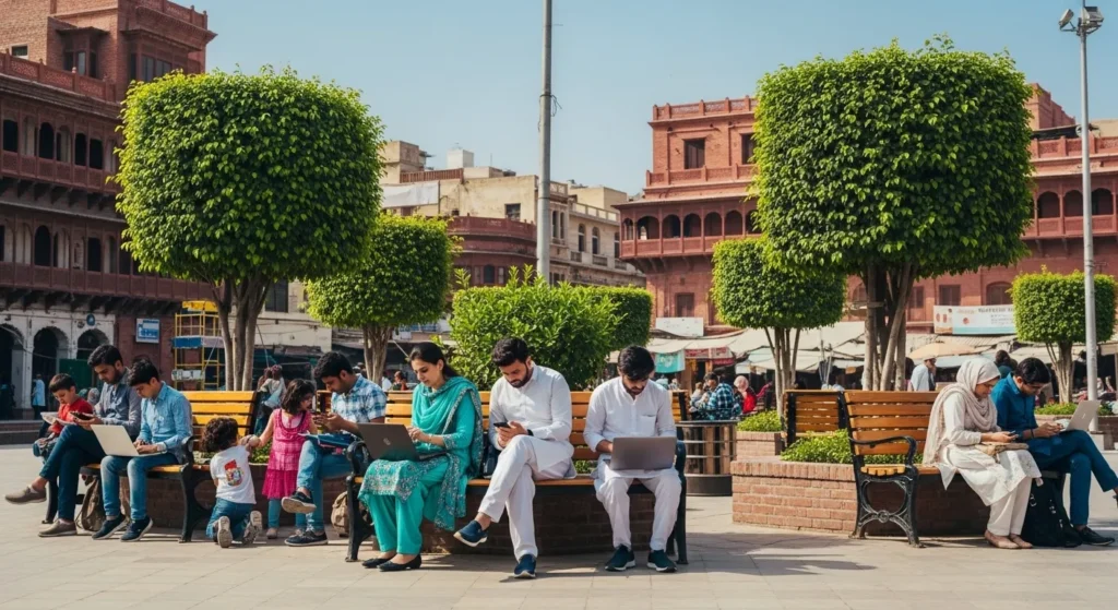 People using free Wi-Fi at a public spot in Lahore
