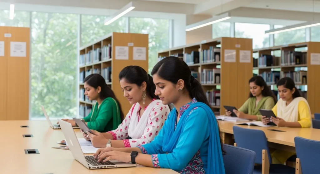 Female students accessing Wi-Fi in a Punjab college