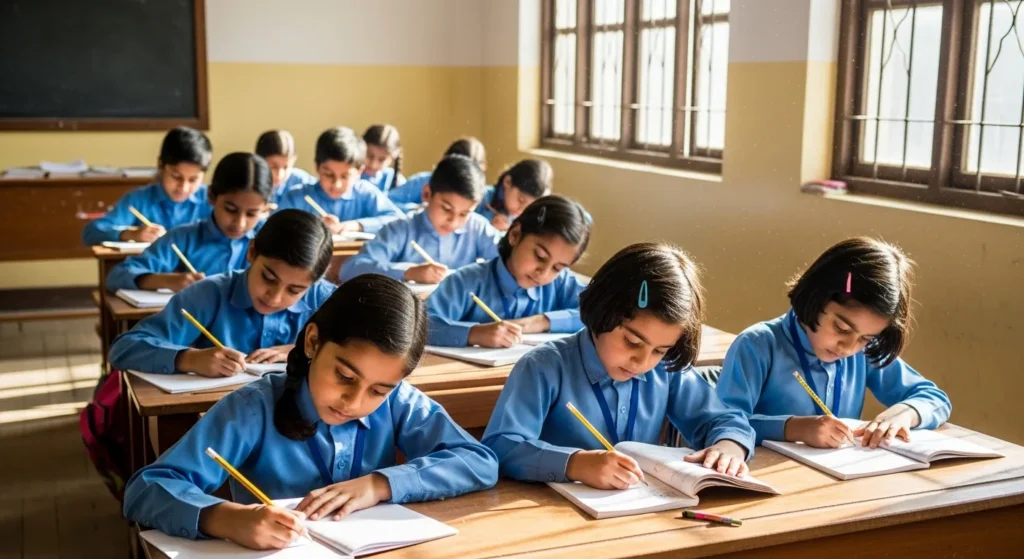 Punjab primary students at desks with books.