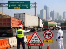 Karachi road closures alert with traffic jam and diversion signs