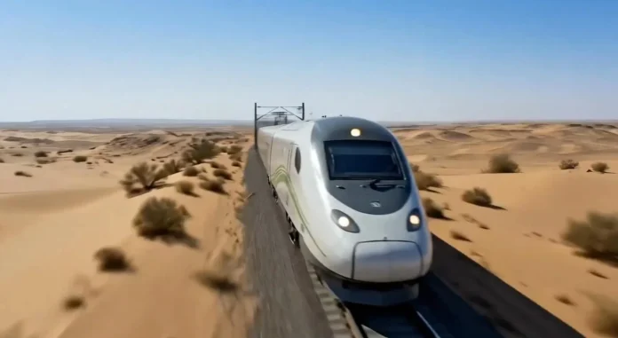 High-speed train connecting Riyadh and Doha across the desert